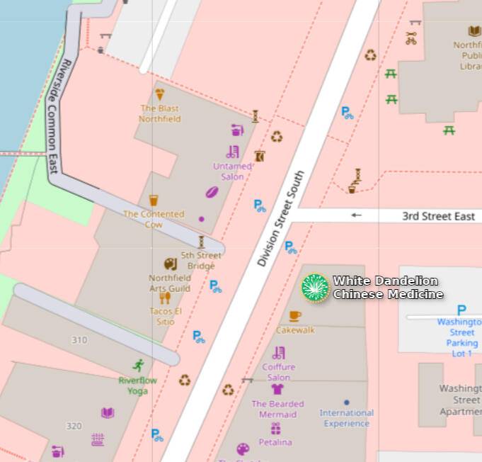 OpenStreet Map of White Dandelion Chinese Medicine White Dandelion Chinese Medicine Location at the intersection of Division Street South and 3rd St E. Across 3rd St E public parking lot from Northfield public library, above Cakewalk.